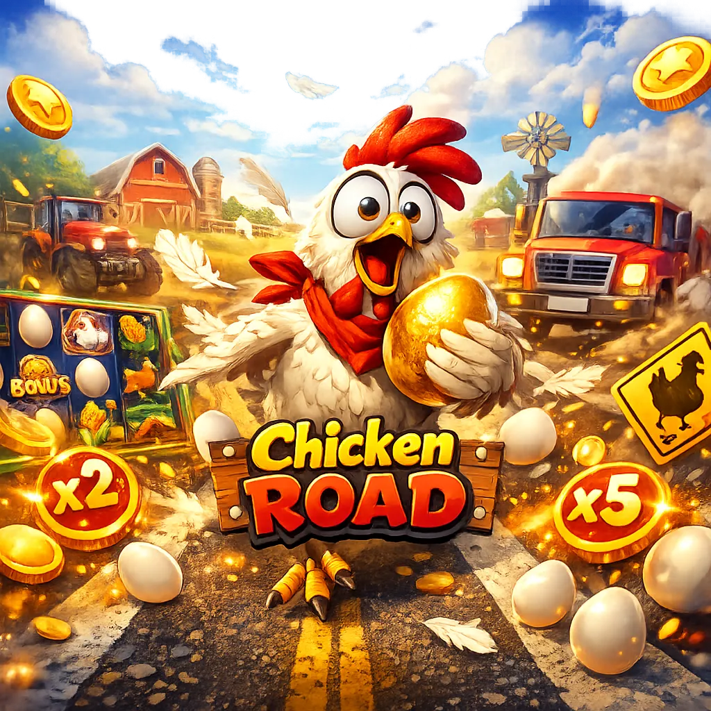 Bright and dynamic Chicken Road slot promo image with a funny chicken, road lanes, eggs and coins