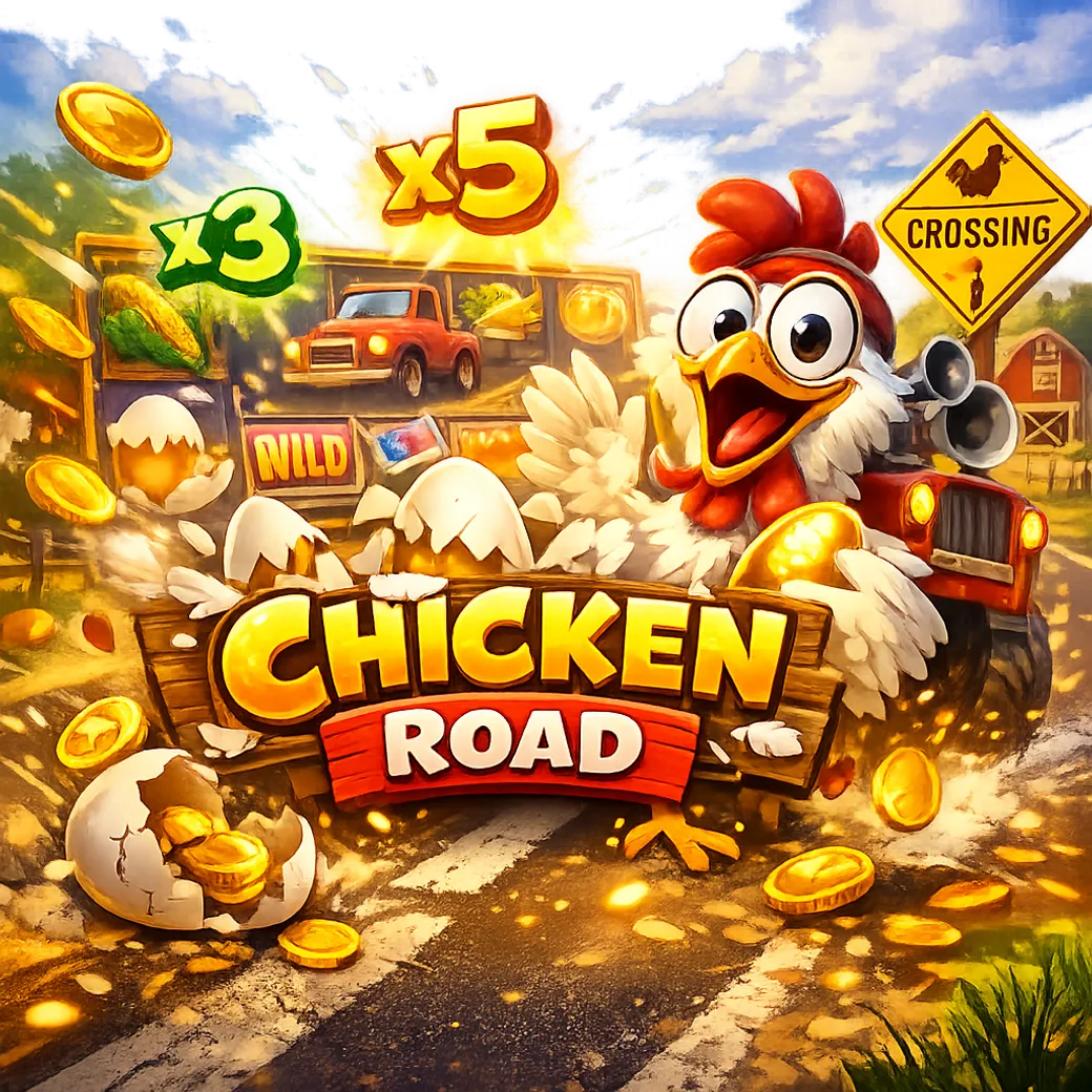 Funny chicken crossing the road with eggs, feathers, and coins.