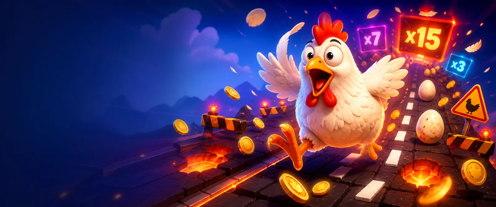 A vibrant and playful chicken road-themed slot promotional banner with road lanes, feathers, eggs, and coins.